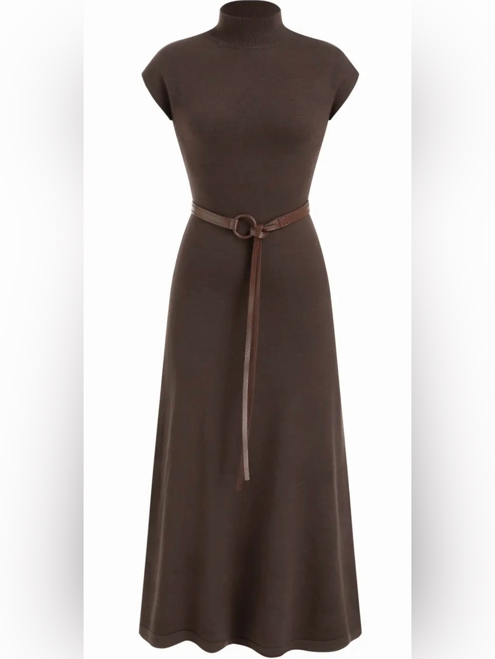 Cider Chocolate Brown Ribbed Knit Maxi Dress with Belt